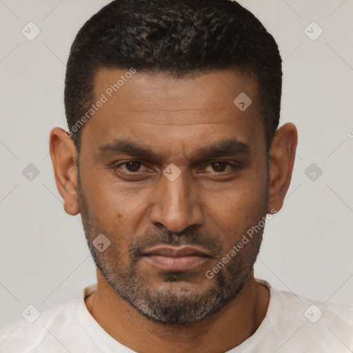 Neutral black adult male with short  black hair and brown eyes