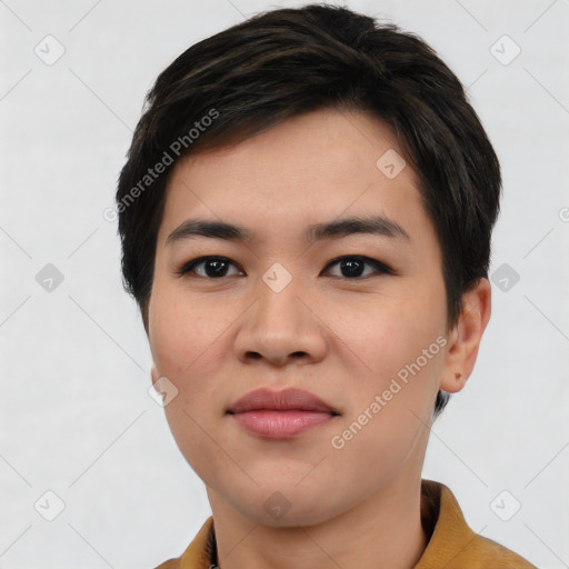 Joyful asian young-adult female with short  black hair and brown eyes