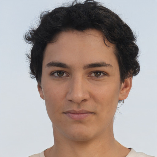 Neutral asian young-adult female with short  brown hair and brown eyes