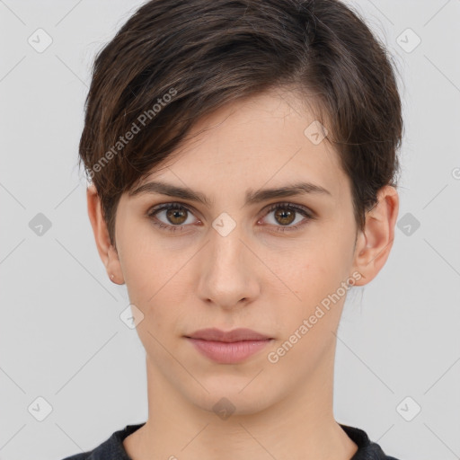 Neutral white young-adult female with short  brown hair and brown eyes