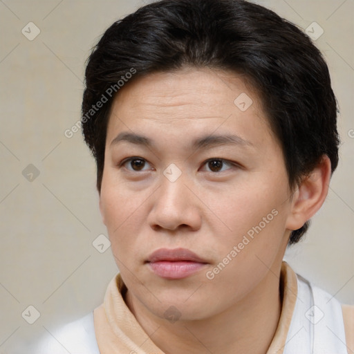 Neutral asian young-adult female with short  brown hair and brown eyes