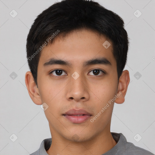 Neutral asian young-adult male with short  brown hair and brown eyes