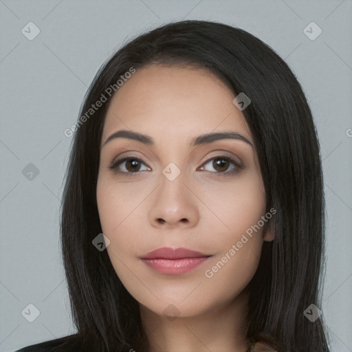 Neutral white young-adult female with long  black hair and brown eyes