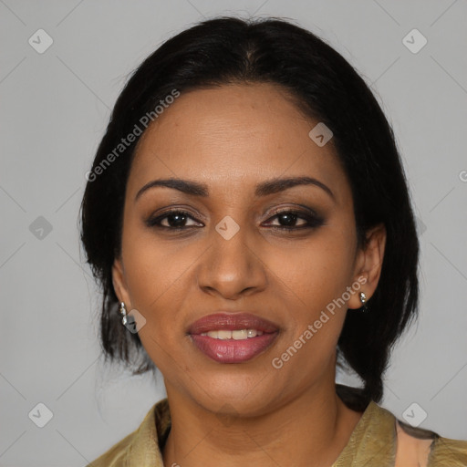 Joyful black young-adult female with medium  black hair and brown eyes