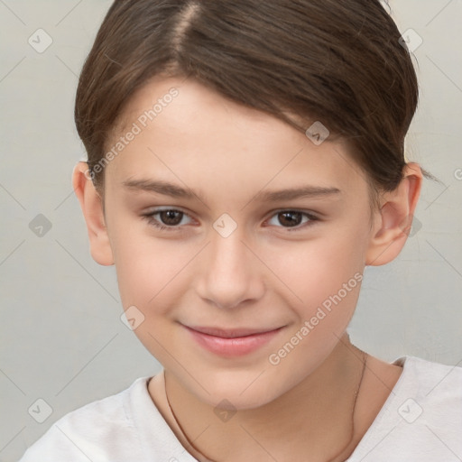 Joyful white child female with short  brown hair and brown eyes