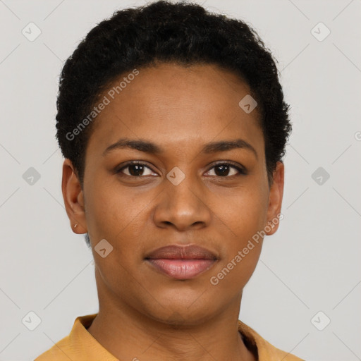 Joyful black young-adult female with short  brown hair and brown eyes