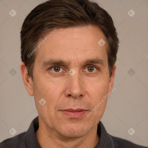 Neutral white adult male with short  brown hair and brown eyes