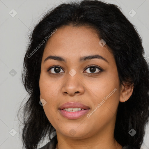 Joyful asian young-adult female with long  brown hair and brown eyes