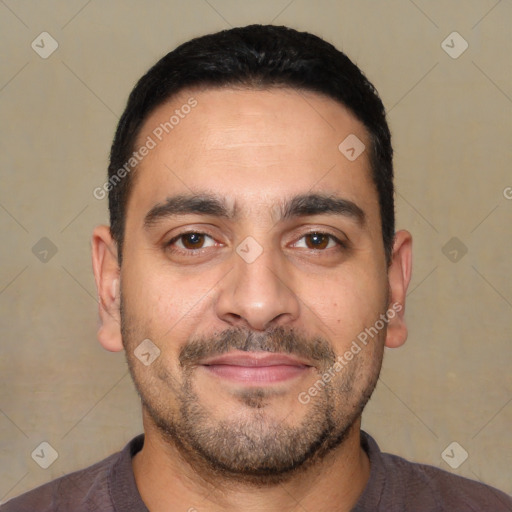 Joyful white young-adult male with short  black hair and brown eyes