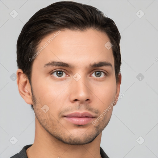 Neutral white young-adult male with short  brown hair and brown eyes