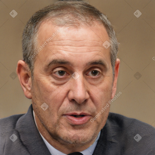 Neutral white middle-aged male with short  brown hair and brown eyes