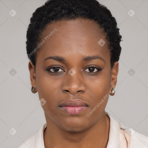 Neutral black young-adult female with short  brown hair and brown eyes