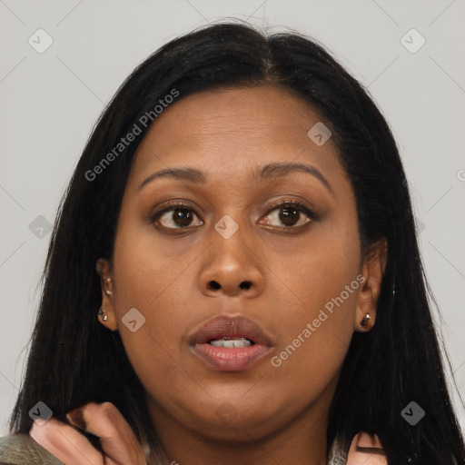 Neutral asian young-adult female with long  brown hair and brown eyes