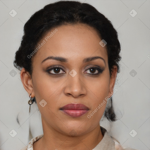 Joyful latino young-adult female with short  black hair and brown eyes