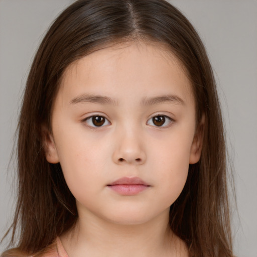 Neutral white child female with long  brown hair and brown eyes