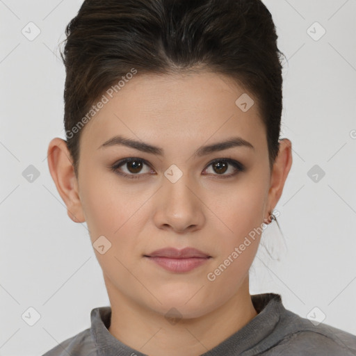 Neutral white young-adult female with short  brown hair and brown eyes