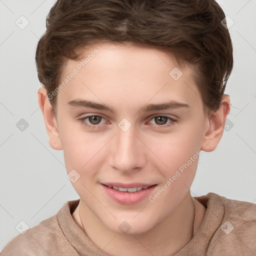 Joyful white child female with short  brown hair and grey eyes