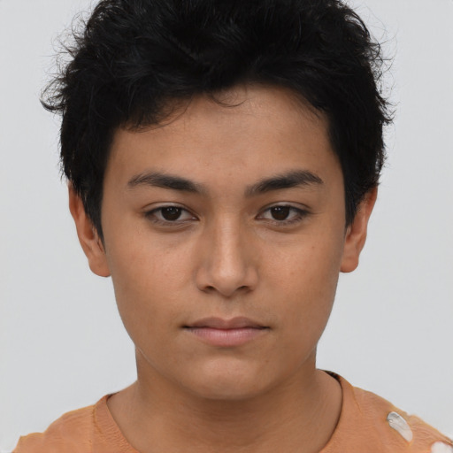 Neutral asian young-adult female with short  brown hair and brown eyes