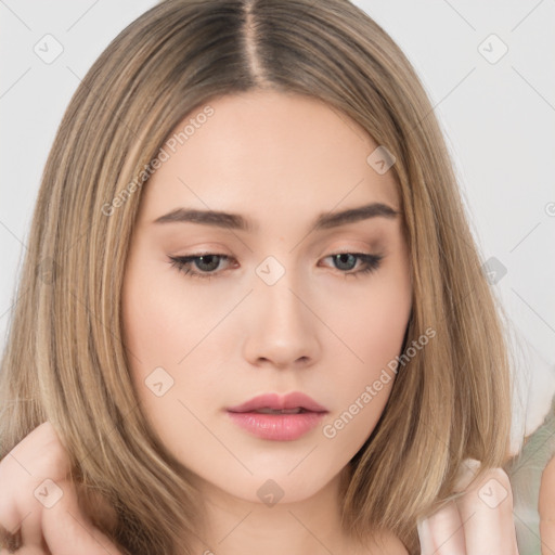 Neutral white young-adult female with long  brown hair and brown eyes