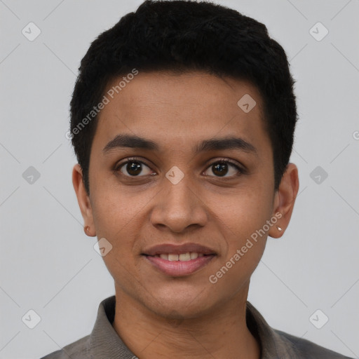 Joyful latino young-adult male with short  black hair and brown eyes