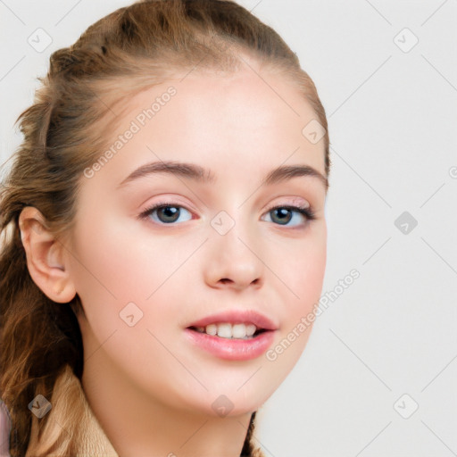 Joyful white young-adult female with long  brown hair and blue eyes