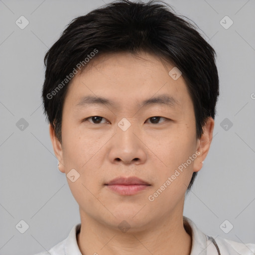 Neutral asian young-adult male with short  brown hair and brown eyes