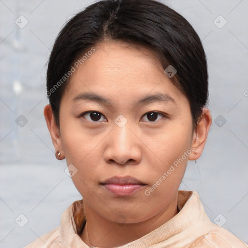 Neutral asian young-adult female with short  brown hair and brown eyes