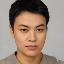 Neutral asian young-adult male with short  brown hair and brown eyes