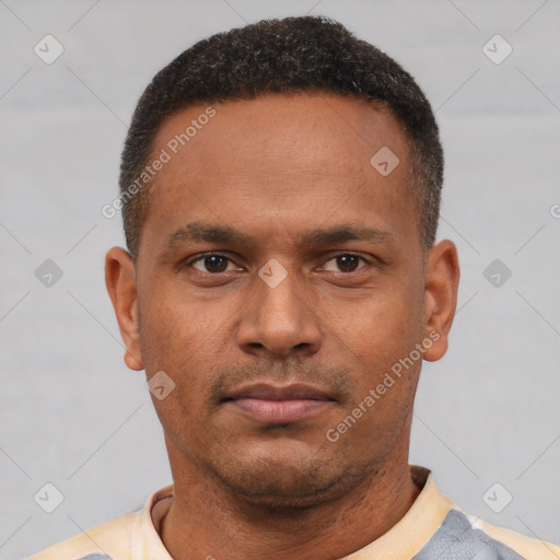 Neutral latino young-adult male with short  brown hair and brown eyes