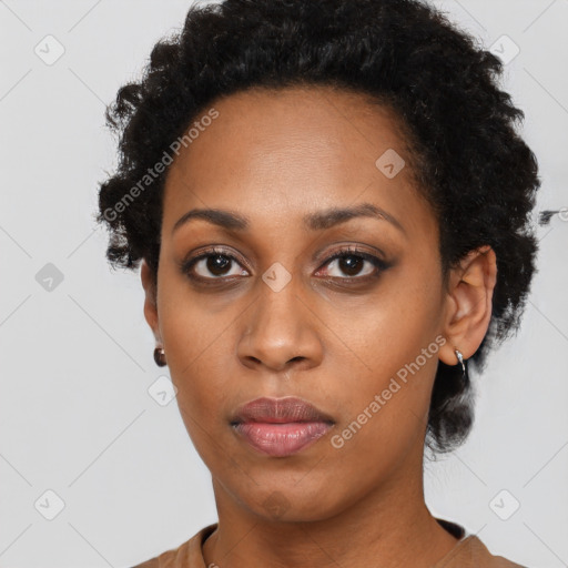 Neutral black young-adult female with short  black hair and brown eyes