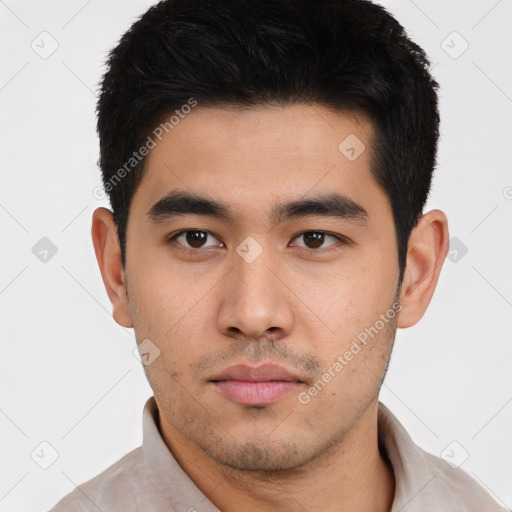 Neutral asian young-adult male with short  black hair and brown eyes