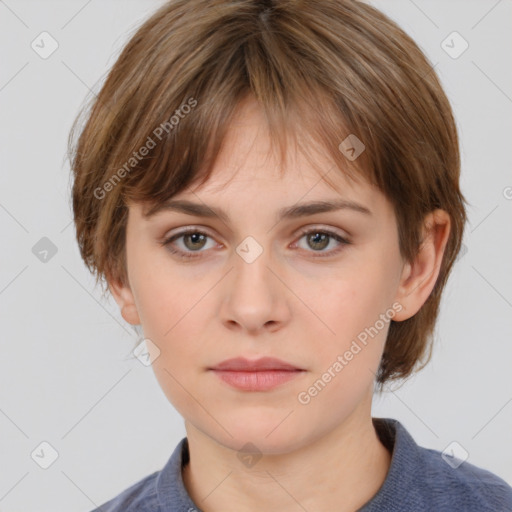 Neutral white young-adult female with medium  brown hair and brown eyes