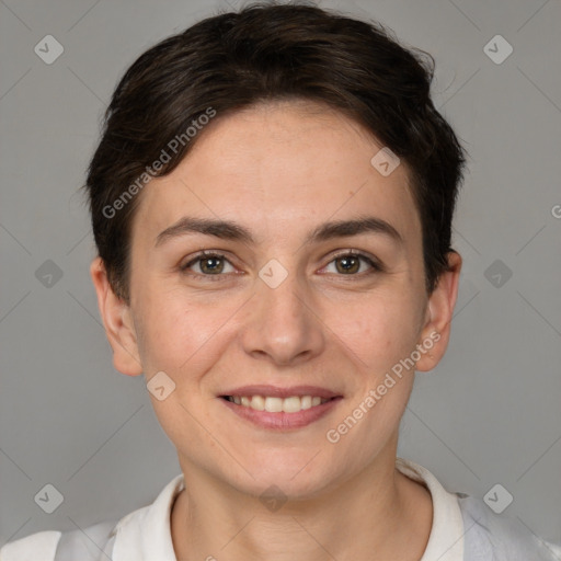 Joyful white young-adult female with short  brown hair and brown eyes