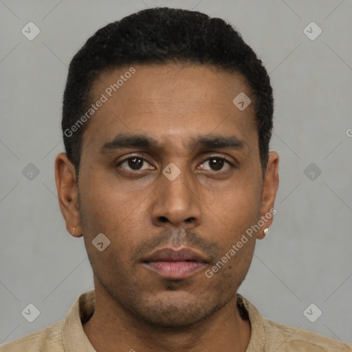 Neutral latino young-adult male with short  black hair and brown eyes