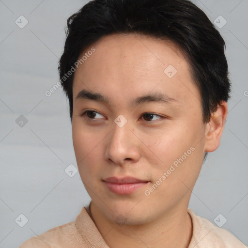 Neutral asian young-adult male with short  brown hair and brown eyes