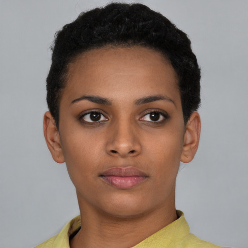 Neutral black young-adult female with short  brown hair and brown eyes