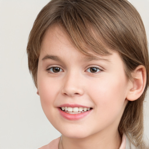 Joyful white child female with medium  brown hair and grey eyes