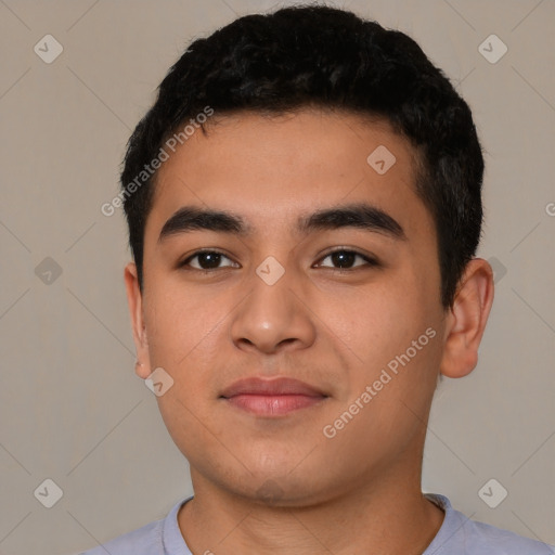 Neutral asian young-adult male with short  black hair and brown eyes