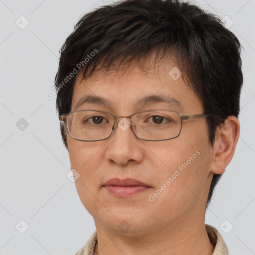 Joyful white adult female with short  brown hair and brown eyes