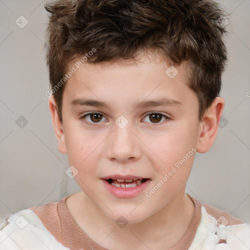 Joyful white child male with short  brown hair and brown eyes