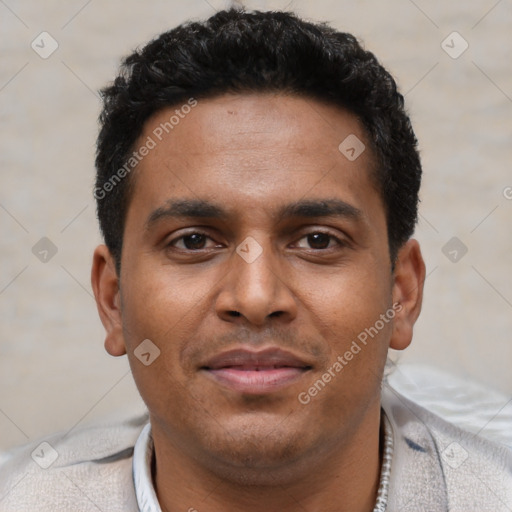 Neutral latino young-adult male with short  black hair and brown eyes
