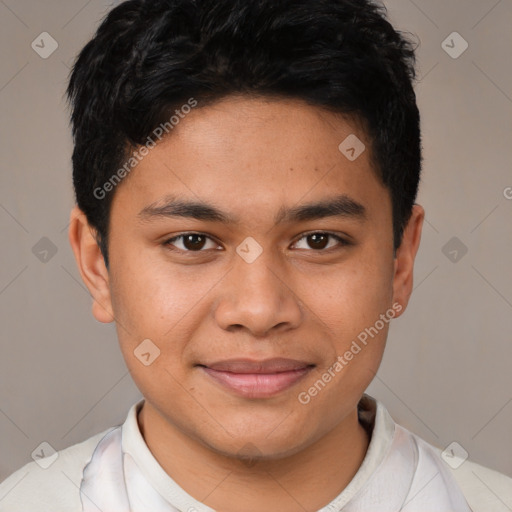 Joyful latino young-adult male with short  brown hair and brown eyes