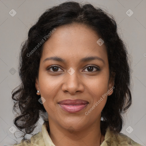 Joyful black young-adult female with medium  brown hair and brown eyes