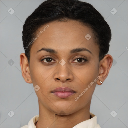 Joyful latino young-adult female with short  brown hair and brown eyes