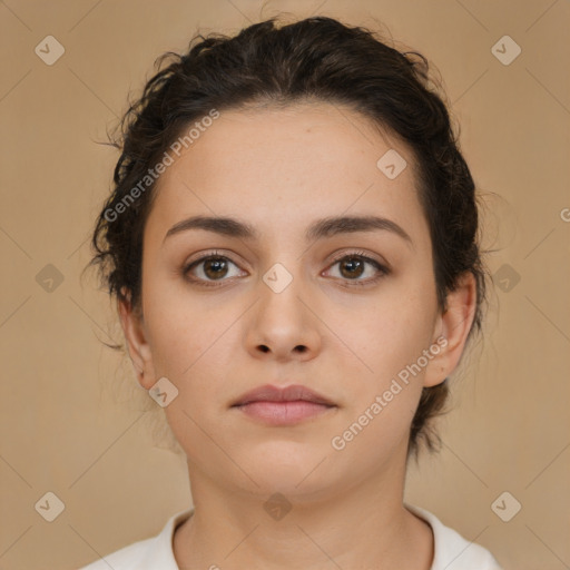 Neutral white young-adult female with medium  brown hair and brown eyes