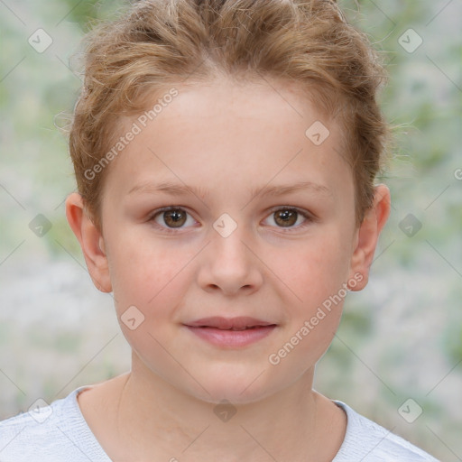 Joyful white child female with short  brown hair and brown eyes