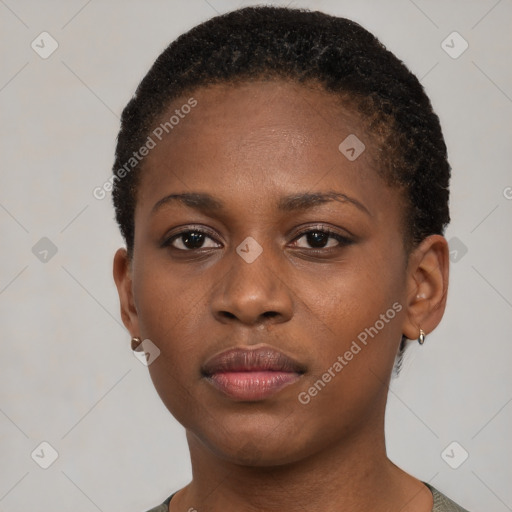 Neutral black young-adult female with short  black hair and brown eyes