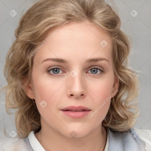 Neutral white young-adult female with medium  brown hair and blue eyes