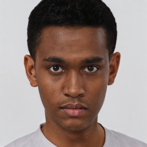 Neutral black young-adult male with short  black hair and brown eyes