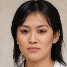 Neutral asian young-adult female with medium  black hair and brown eyes